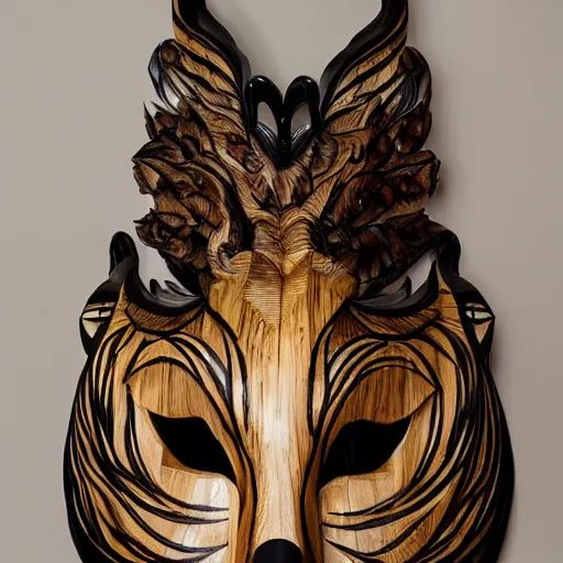 Image similar to a beautiful kitsune mask carved in wood and made by iris van herpen