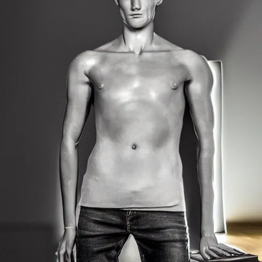 Image similar to a realistic detailed photo of a guy who is an attractive humanoid who is half robot and half humanoid, who is a male android, soccer player martin ødegaard, shiny skin, posing like a statue, blank stare, in a living room, on display, showing off his muscles, with a twin