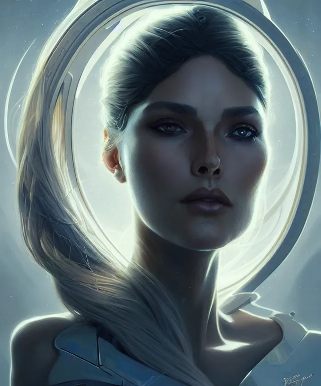 Image similar to futuristic woman portrait, sci-fi, amber eyes, face, long hair, fantasy, intricate, elegant, highly detailed, digital painting, artstation, concept art, smooth, sharp focus, illustration, art by artgerm and greg rutkowski and alphonse mucha