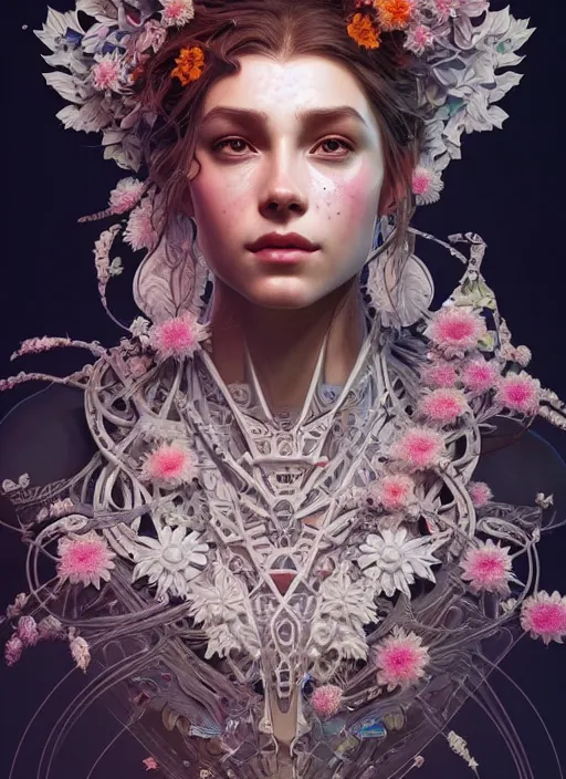 Image similar to symmetry!! portrait of floral! horizon zero dawn machine, intricate, elegant, highly detailed, digital painting, artstation, concept art, smooth, sharp focus, illustration, art by artgerm and greg rutkowski and alphonse mucha, 8 k