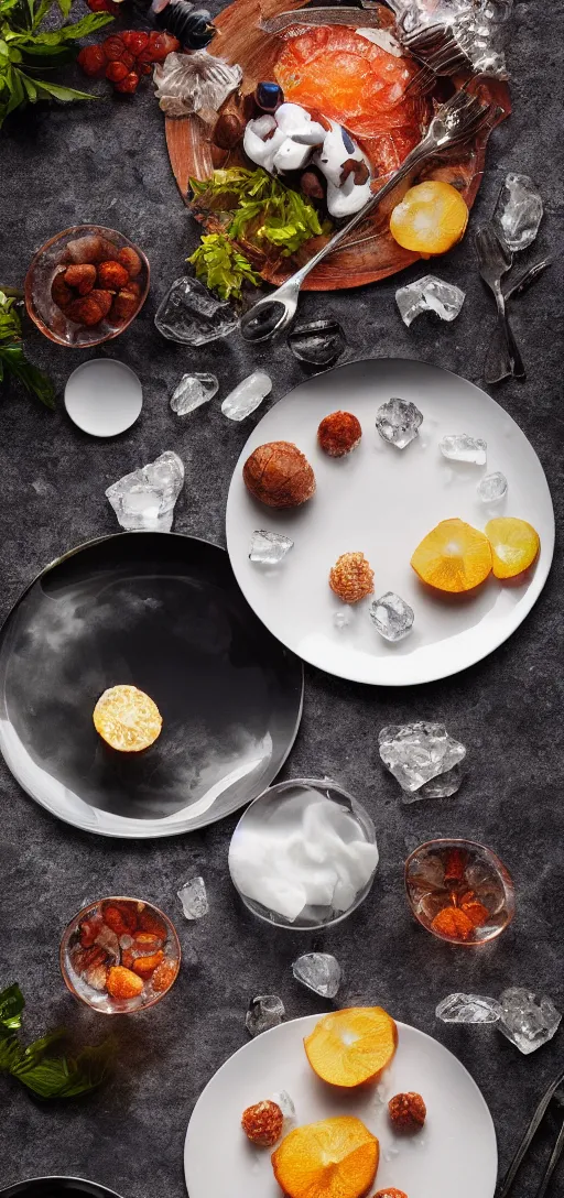 Image similar to portait crystal food on a plate, octane render uhd, filmic lighting, cinematic art shot, hyperrealistic, hyperdetailed, super detailed, 8 k, high resolution, 8 k uhd, mega high white mountain, midnight