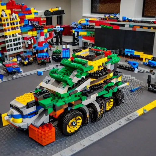 Image similar to a high-definition photograph of a huge caracal built of Lego bricks and Lego motors