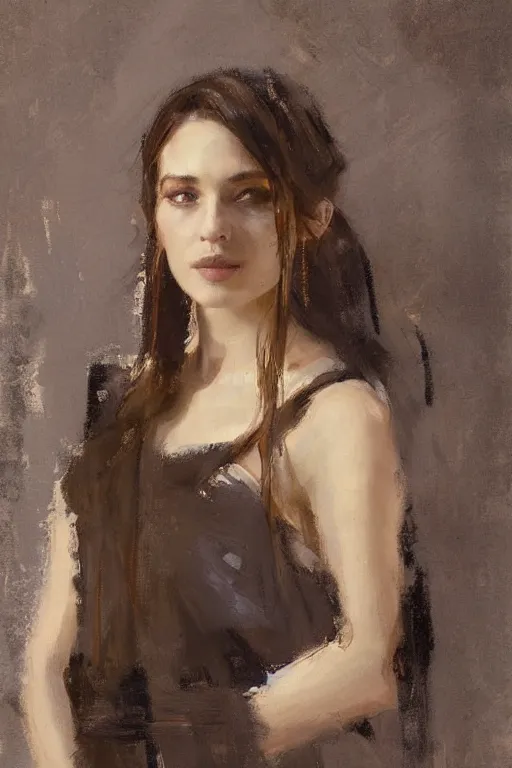 Image similar to Richard Schmid and Jeremy Lipking and Brom full length portrait painting of a young beautiful priestess woman