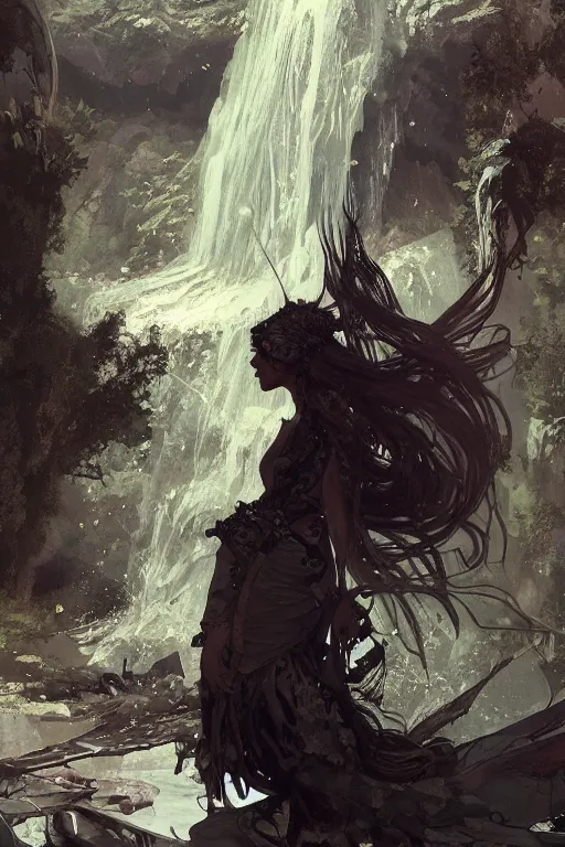 Image similar to a full body portrait of a beautiful post apocalyptic offworld nordic necromancer reclining by the waterfalls, intricate, elegant, highly detailed, digital painting, artstation, concept art, smooth, sharp focus, illustration, art by krenz cushart and artem demura and alphonse mucha