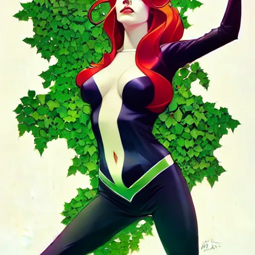 Prompt: joshua middleton, phil noto, artgerm, emma stone poison ivy dc comics, vines, symmetrical eyes, city rooftop