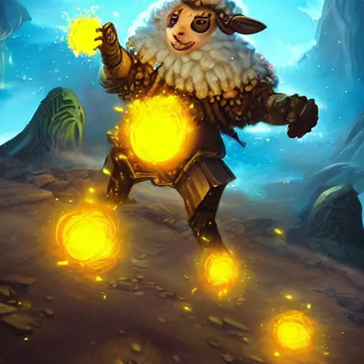 Prompt: a sheep surrounded by yellow magic particles, hearthstone art style, epic fantasy style art, fantasy epic digital art, epic fantasy card game art