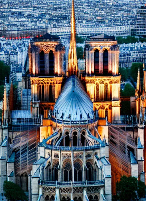 Image similar to contemporary notre dame by bjarke ingels group, modern architecture, 4 k, high detailed photography, 5 0 mm lens, depth of field, cinematic