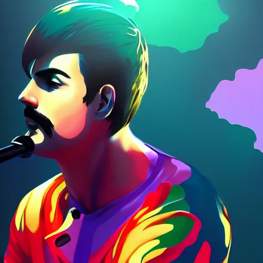 Prompt: portrait of freddie mercury, concert stage background, rich vivid colors, ambient lighting, dynamic lighting, 4k, HQ, official media, anime key visual, makoto shinkai, ilya kuvshinov, lois van baarle, rossdraws, detailed, trending on artstation