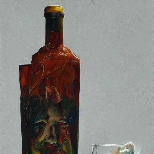 Prompt: a painting of a man with a bottle in his hand, an ultrafine detailed painting by Austin Osman Spare, featured on zbrush central, ashcan school, artstation hd, wiccan, daz3d