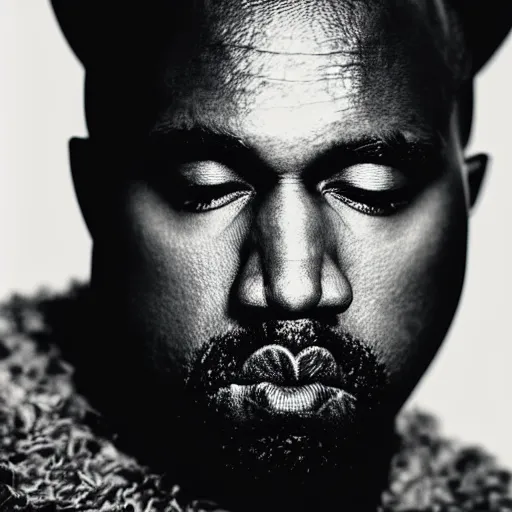 Image similar to Portrait studio photograph of Kanye West & an anthropomorphic teddy bear, close up, shallow depth of field, in the style of Felice Beato, Noir film still, 40mm