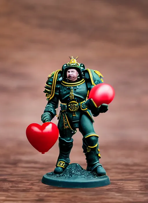 Image similar to 8 0 mm resin detailed miniature of a warhammer 4 0 k space marine holding a red balloon in one hand and a hamburger in the other, product introduction photos, 4 k, full body,