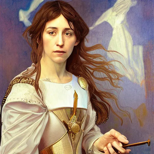 Image similar to portrait of charlotte gainsbourg as joan of arc, hyperreal digital painting, iconography influenced by alphonse mucha and eugene delacroix, arstation and deviantart trends, high resolution 8 k