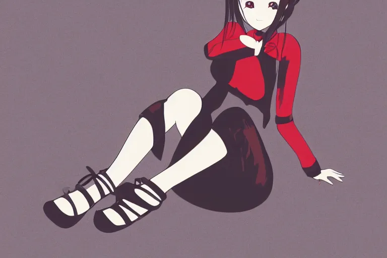 Image similar to a girl sitting on the ground, wearing a black outfit with red trim, soft white background, vector shaded, very anime, detailed colors, digital art, 4 k
