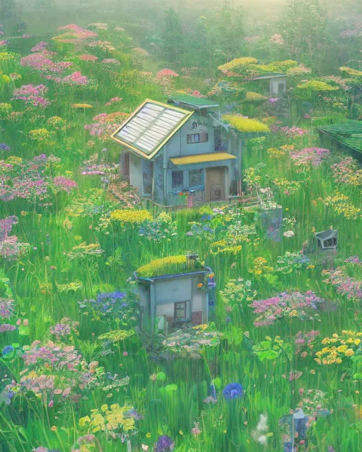 Prompt: detailed photo of small solarpunk house, fields of flowers, grassy, futuristic, 8 k, by studio ghibli, alena aenami, trending on deviantart, hyper detailed, beautiful lighting, epic environment