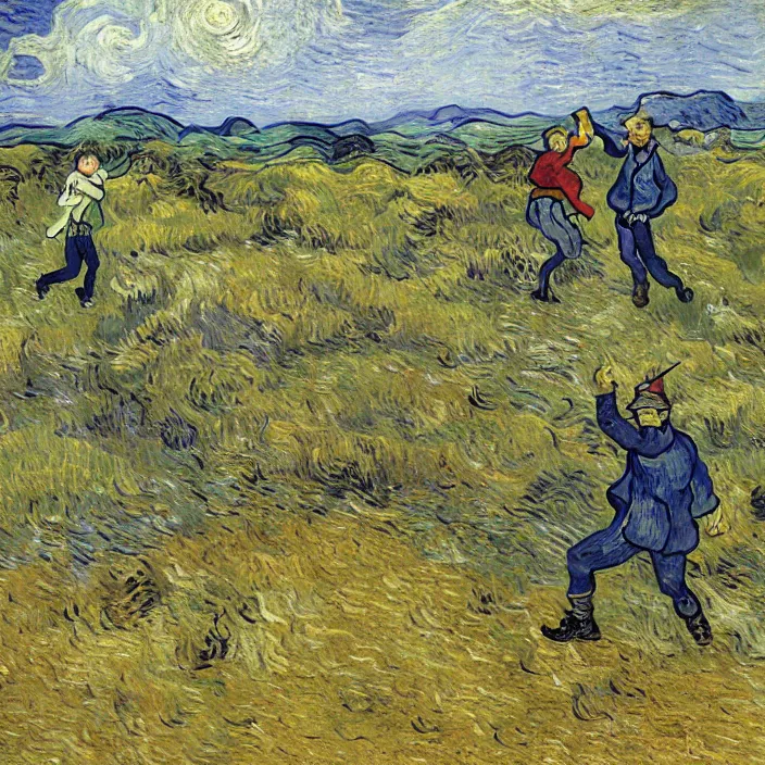 Prompt: adult man and woman playing on the open moorland, painting by van gogh