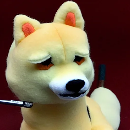 Image similar to a plush of a very evil shiba inu smoking a cigar, fluffy, soft, photo realistic, highly detailed,