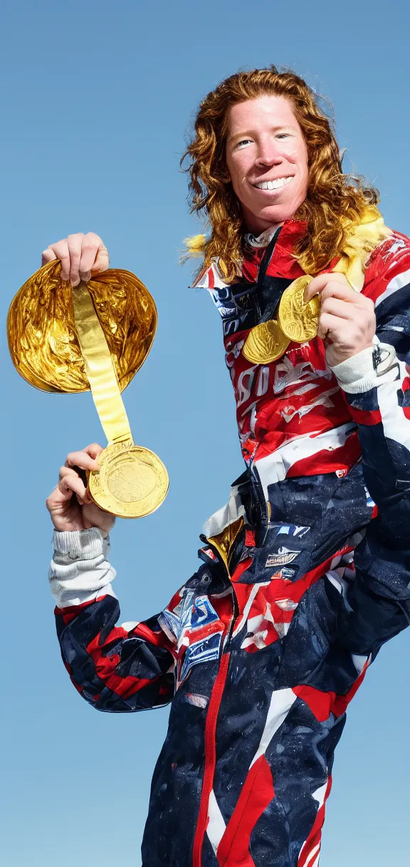 Image similar to high quality portrait of shaun white holding a gold medal with blue sky above him, rule of thirds, full body shot, sharp focus, extremely detailed, studio photography