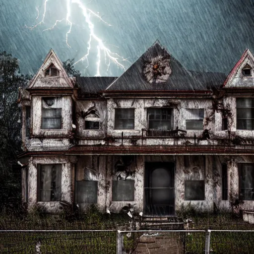 Image similar to a real photo taxidermized horror mansion, in a lighting storm, portrait, 4 k, 8 0 mm,