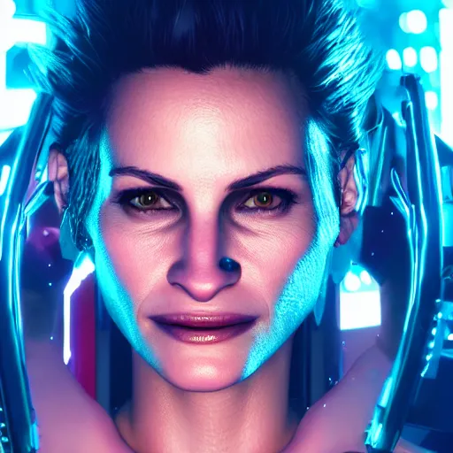 Image similar to julia roberts portrait, cyberpunk 2 0 7 7, cyberpunk rogue amendiares, photorealistic, ultra detailed, neon, octane, bokeh, cinematic lighting, cyber, cyberpunk city, studio quality, feature, scars, cyberface, 8 k