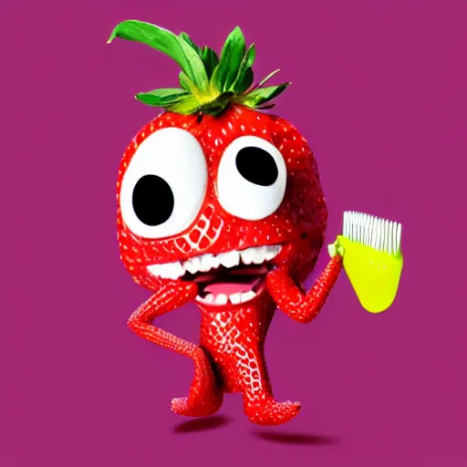 Image similar to a cute strawberry character with two front teeth, holding a yellow toothbrush, in the style of jamie hewlett