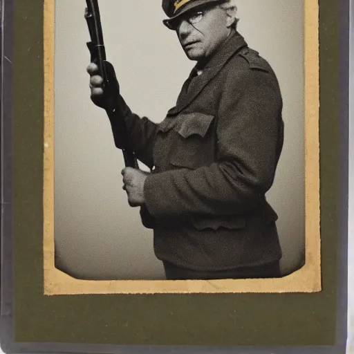 Prompt: Bernie sanders as a WW2 soldier, vintage photograph, restored photo