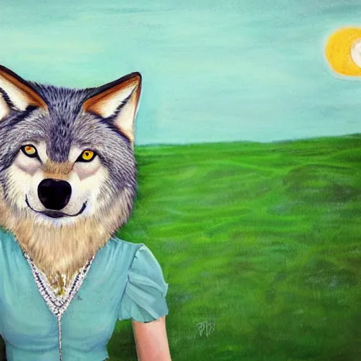 Image similar to Beautiful portrait of an anthro wolf wearing a cute summer outfit in green landscape