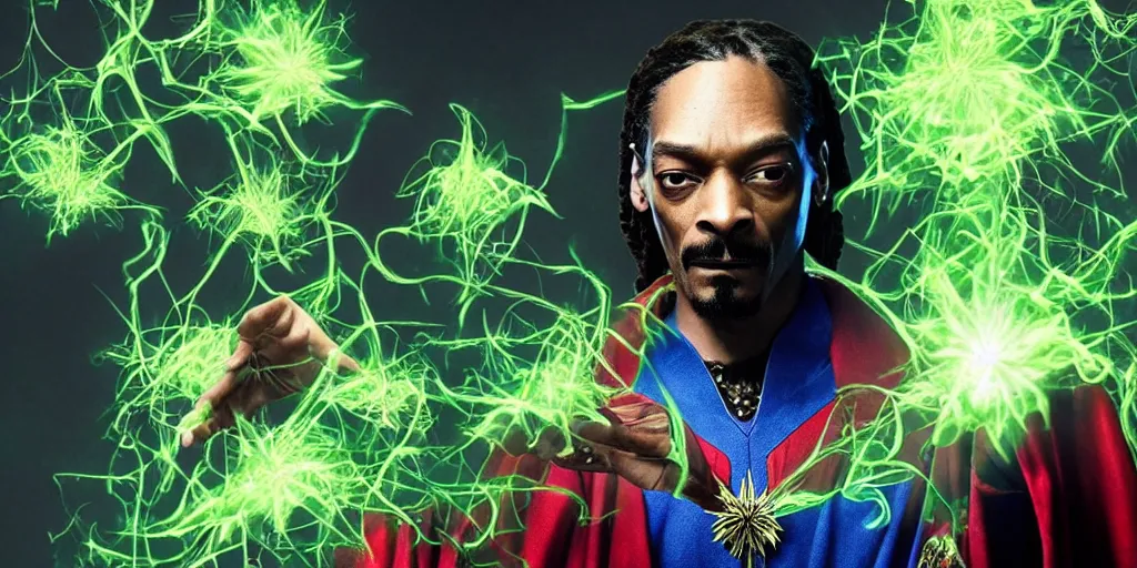 Image similar to snoop dogg as the doctor strange, marijuana leaves, green light, highly detailed, marvel cinematic universe, mcu, photo