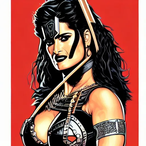 Image similar to illustration of Salma Hayek as a barbarian warrior intricate details by MARVEL comics and Sandra Chevrier , elegant, highly detailed , centered