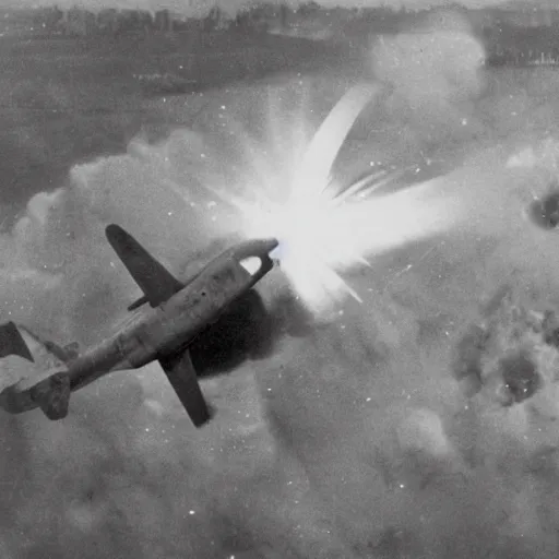 Image similar to highly detailed photograph of a plane being shot out of the sky in ww2, exploding violently, fuselage splitting apart from the impact, historic archive, cinematic