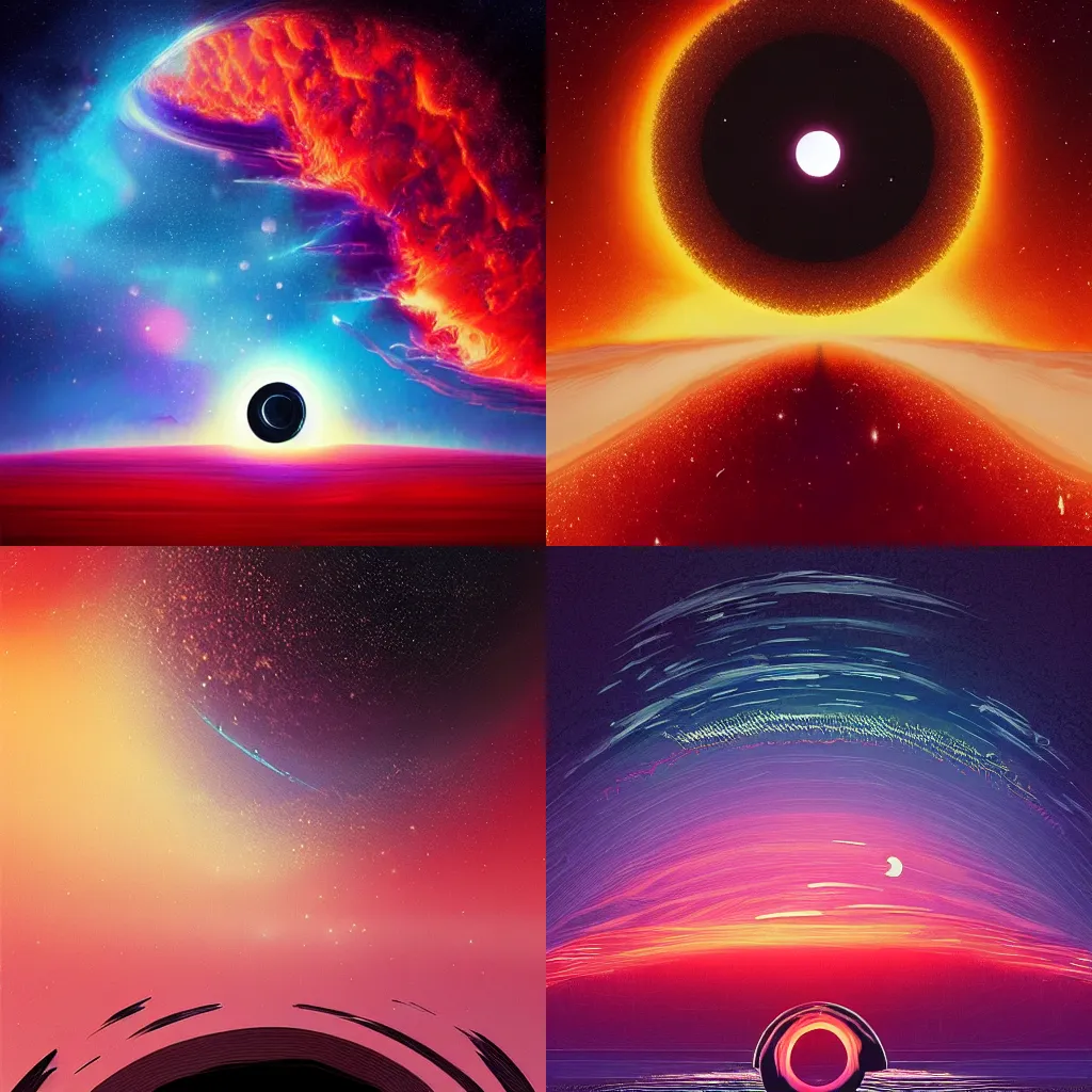 Prompt: a sunset of the universe with a black hole in the middle, symmetrical, digital art, trending on artstation, by alena aenami