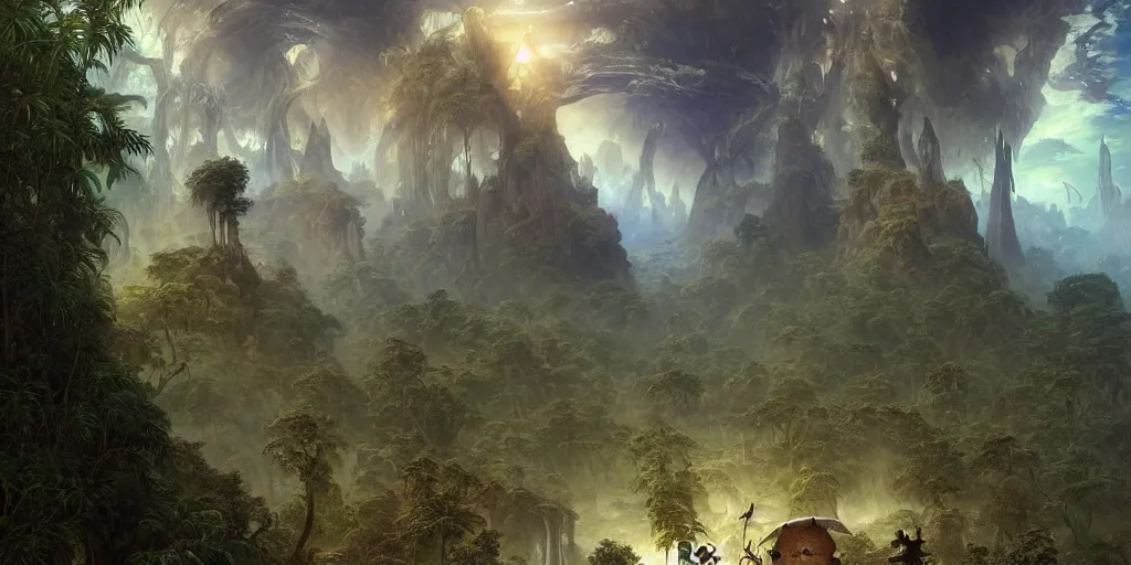 Image similar to Mysterious Island at the center of the Universe, Great Leviathan terrapins, Cephalopod, hybrid Cthulhu Squid, magical sparkling lake, Rainforest, birds eye, vista view, Majestic interstellar portal fortress gateway, Huge futuristic Temple city, Solar Flare, William-Adolphe Bouguereau, Michael Cheval, peter mohrbacher, michael whelan, kay sage, digital art, airbrush, art nouveau, intricate, clear, looming, epic, depth, artstation, Ultra Detail, blender, Unreal Engine, octane render, vray, 8k