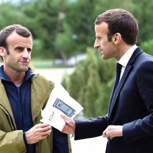 Prompt: Emmanuel Macron giving a briefcase of money to Walter White in Breaking Bad