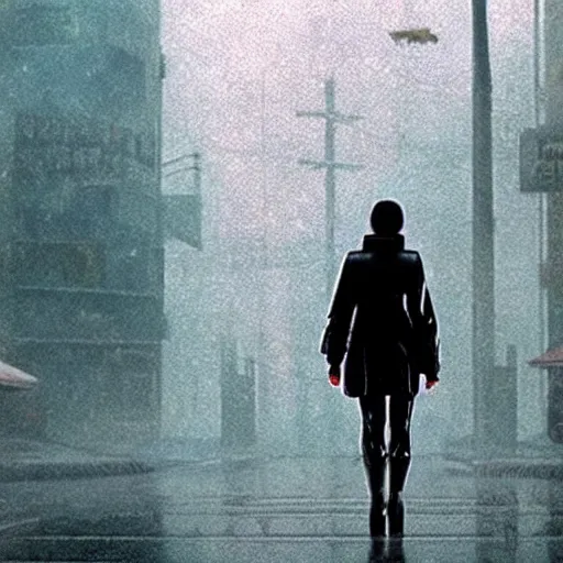 Image similar to a girl walking in a rainy city, still from bladerunner 2049, cinematic