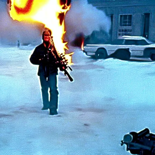 Image similar to movie still of cristiano ronaldo with a flamethrower in the thing (1982), john carpenter, cinematic,