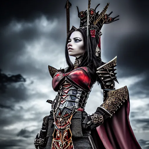 Image similar to full length photo of a very beautiful!! vampire warrior queen with ornate armour, highly detailed, 4 k, hdr, smooth, sharp focus, high resolution, award - winning photo