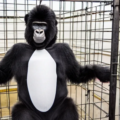 Image similar to bald white man dressed in a gorilla suit in a cage