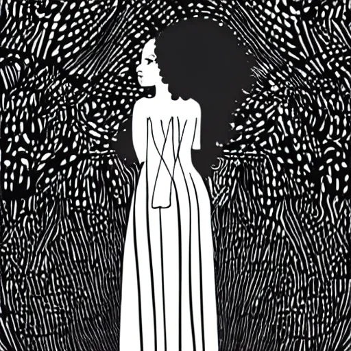 Image similar to a black and white drawing of the silhouette of a woman with long curly tied hair using a dress