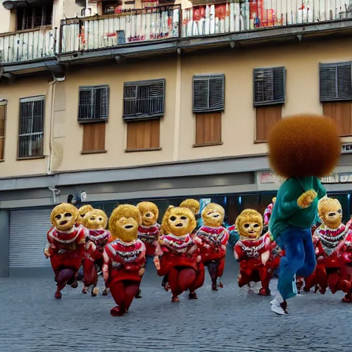 Image similar to the running of the giant screaming bob ross dolls in pamplona spain