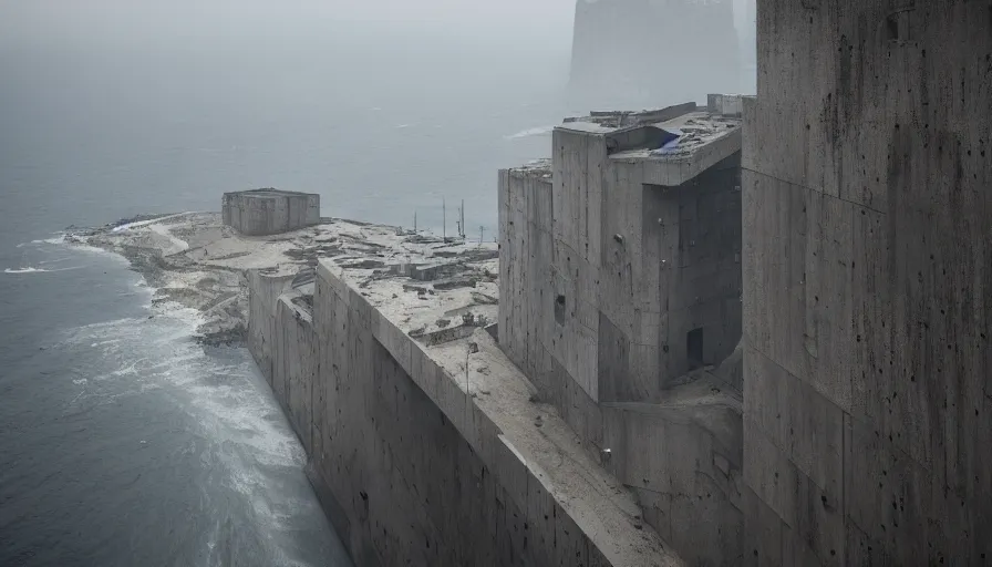 Image similar to big brutalist imperial military base on cliffs, drawing architecture, very long shot, top angle, imperial architecture in rogue one, pritzker architecture prize, brutalism architecture, jan urschel, greig fraser