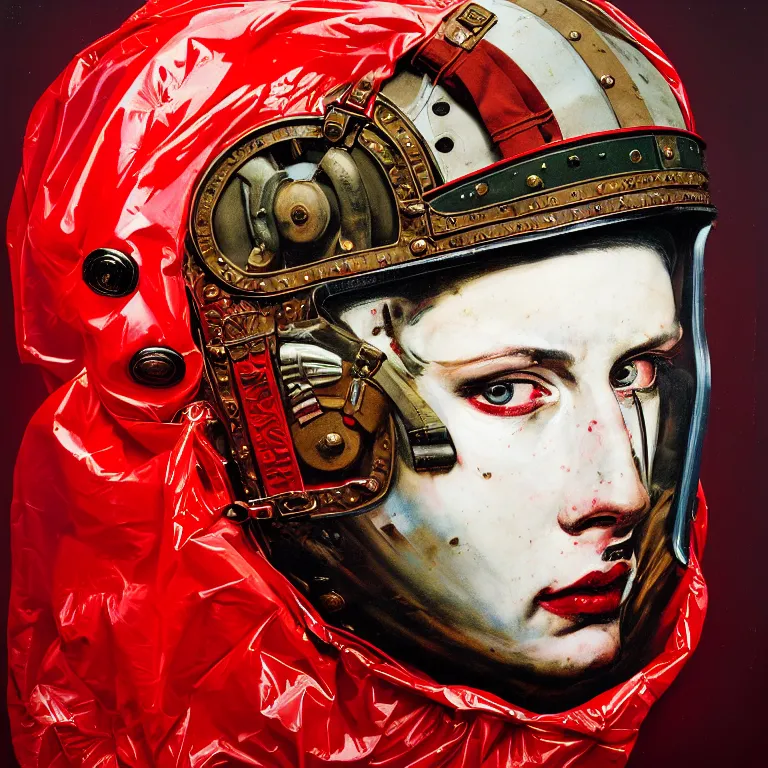 Image similar to portrait of a third reich soldier in ornate motorcycle dirt helmet in a helmet background red plastic bag, circuitboard,, rich deep colors, ultra detail, by francis bacon, james ginn, petra courtright, jenny saville, gerhard richter, zdzisaw beksinsk, takato yamamoto. masterpiece, elegant fashion studio ighting 3 5 mm