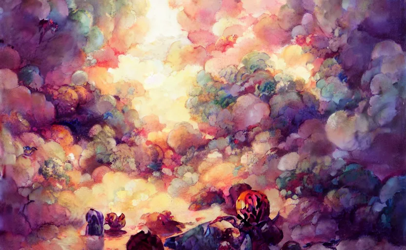 Image similar to explosion made of cotton, beach, fantasy, intricate, amazing composition, colorful watercolor, by ruan jia, by maxfield parrish, by marc simonetti, by hikari shimoda, by robert hubert, by zhang kechun, illustration, gloomy