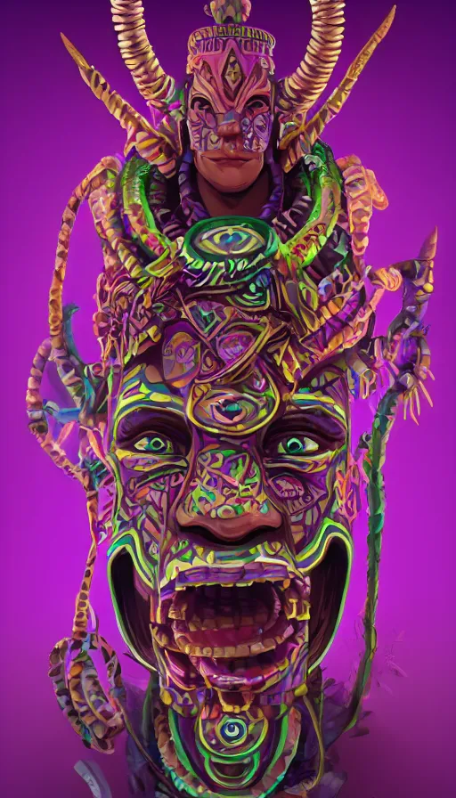 Prompt: hyperreal totem snakeoil brand snake oil salesman petroleum cowboy totem aztek greeble tribal style heartstone ornate fantasy dofus by Krzysztof Maziarz artstation wild west alchemical afrika mask color radiating a glowing aura, purple green color scheme Lois van baarle, ilya kuvshinov, rossdraws global illumination