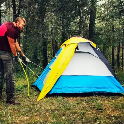 Image similar to man spray painting a camping tent