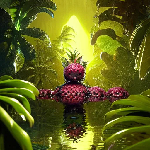 Prompt: tropical fruit creature in a lush trunda vegetation, water reflection, night, backlit, warm tones, bioluminescent : by michal karcz, daniel merriam, victo ngai and guillermo del toro : ornate, dynamic, particulate, intricate, elegant, highly detailed, centered, artstation, smooth, sharp focus, octane render