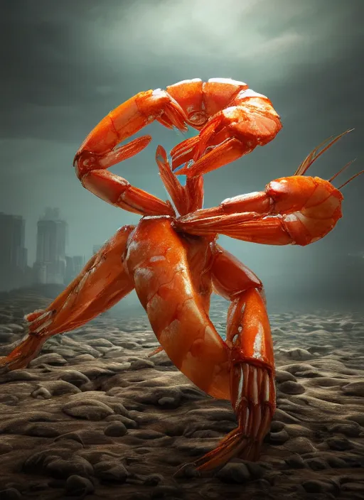 Prompt: man who suddenly became giant shrimp, photorealistic, canon r 3, symmetry, octane render, unreal engine, dramatic lights