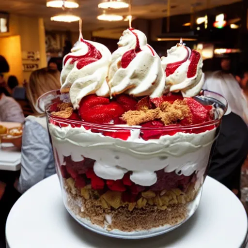 Prompt: 6 ft tall sundae trifle in restaurant, surrounded by customers, flash photography