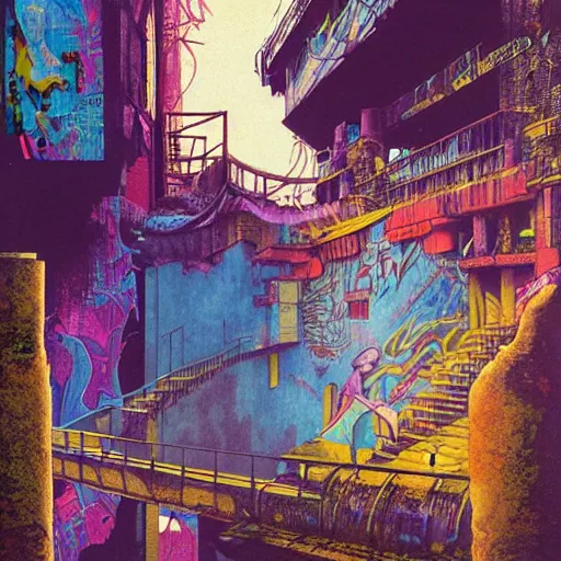 Image similar to breakfast at las pozas, graffiti by moebius, break of dawn on jupiter, cyberpunk, futuristic, 1 9 7 0 cut out collage, technilogy, high detail, golden light, realistic