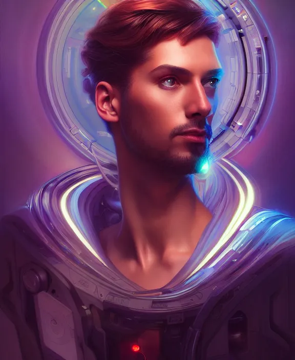 Image similar to a whirlwind inside the metaverse, guy, male, man, hologram, half body, neurochip, android, cyborg, cyberpunk face, by loish, d & d, fantasy, intricate, elegant, highly detailed, colorful, digital painting, artstation, concept art, art by artgerm and greg rutkowski and alphonse mucha