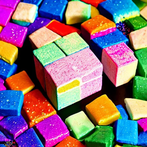 Prompt: photograph of a rainbow marshmallow cube with sprinkles on a dark wooden chopping board, hessian cloth, styled food photography, photorealistic, 4 k