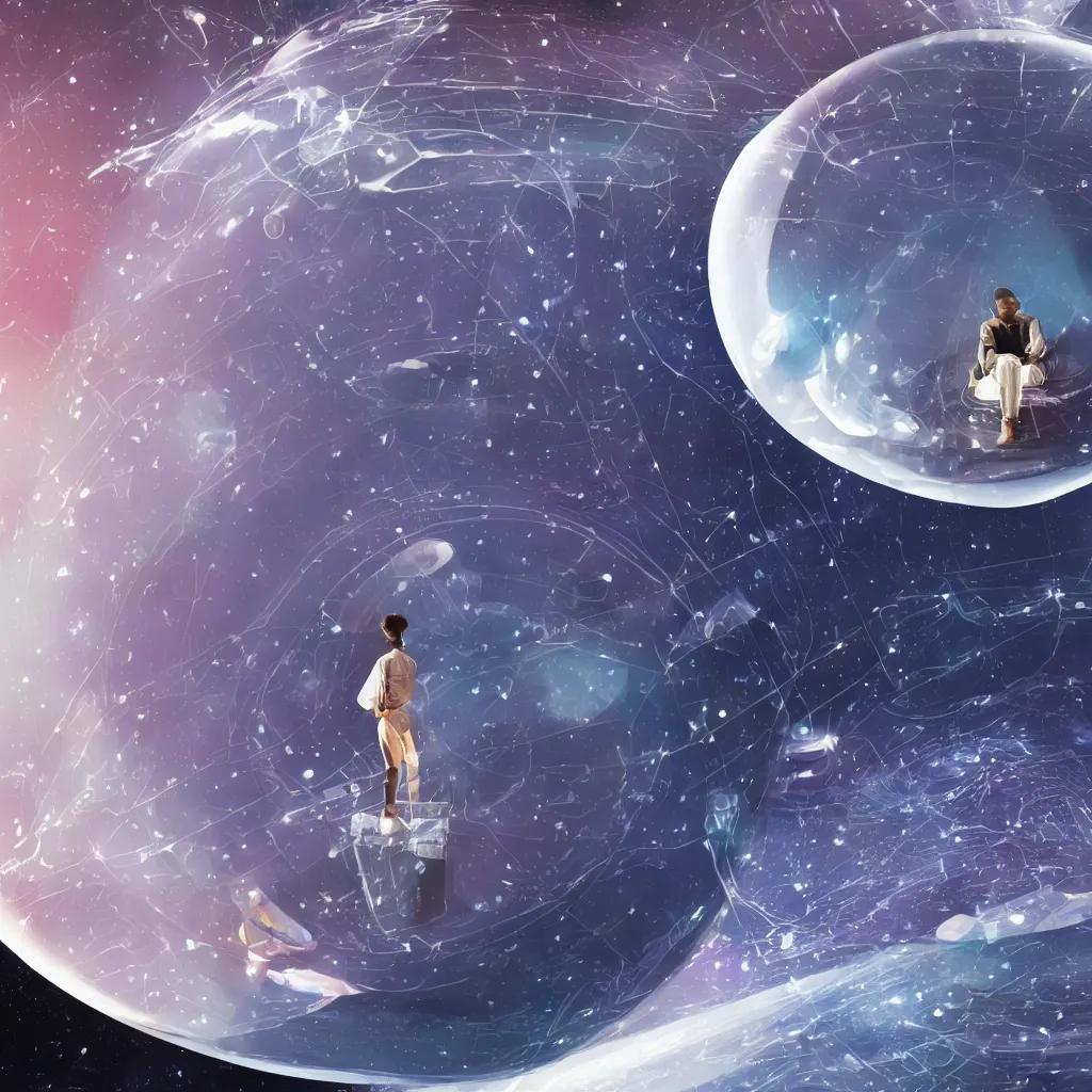 Image similar to a young man alone in an enormous transparent spherical capsule in the middle of outer space, digital art